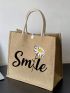 Daisy & Letter Graphic Straw Bag Casual Double Handle Paper