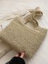 Large Straw Bag Vacation Khaki Zipper For Beach