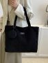 Letter Patch Decor Corduroy Shopper Bag With Coin Purse