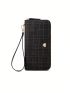 Plaid Pattern Long Wallet Black Genuine Leather With Zipper