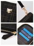 Plaid Pattern Long Wallet Black Genuine Leather With Zipper