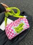 Preppy Bucket Bag Checkered & Letter Graphic Adjustable-strap High-capacity Polyester