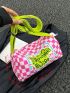Preppy Bucket Bag Checkered & Letter Graphic Adjustable-strap High-capacity Polyester