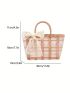 Plaid Pattern Bow Decor Straw Bag Two Tone