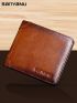 Letter Graphic Small Wallet Brown Genuine Leather With Zipper For Daily