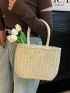 Drawstring Design Straw Bag Khaki Double Handle For Vacation