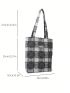 Letter Patch Plaid Pattern Shoulder Tote Bag Frill Detail Double Handle For Daily