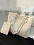 Solid Color Straw Bag Double Handle With Straw Square Bag, Mothers Day Gift For Mom