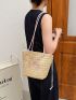 Medium Straw Bag Embroidered Detail Drawstring Design Vacation