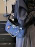 Buckle & Chain Decor Denim Hobo Bag Small