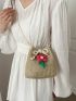 Mini Flower Decor Drawstring Design Straw Bag Vacation