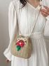 Mini Flower Decor Drawstring Design Straw Bag Vacation