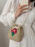 Mini Flower Decor Drawstring Design Straw Bag Vacation