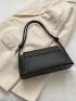 Black Baguette Bag Fashion Metal Decor Geometric Embossed Flap PU
