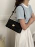 Black Baguette Bag Fashion Metal Decor Geometric Embossed Flap PU