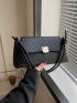 Black Baguette Bag Fashion Metal Decor Geometric Embossed Flap PU