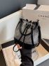 Mini Bucket Bag Black Rhinestone Decor Drawstring Design Fashionable