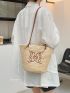 Geometric Embroidery Straw Bag Drawstring Design Double Handle For Vacation