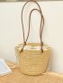 Geometric Embroidery Straw Bag Drawstring Design Double Handle For Vacation