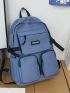 Letter Patch Laptop Backpack Multiple Pocket Blue Preppy Adjustable Strap
