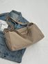 Minimalist Hobo Bag Solid Color Letter Patch Detail
