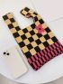 Checkered Pattern Crochet Bag Flower Decor