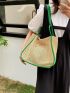 Large Straw Bag Contrast Binding Double Handle Vacation