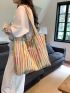 Striped Pattern Shopper Bag Patch Detail Casual Large Capacity