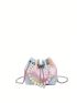Mini Bucket Bag Fashionable Tie Dye Textured Faux Pearl Decor Chain Pu