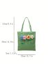 Leaf Embroidered Shopper Bag Flower Decor No-closure Double Handle Canvas Cute