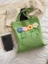 Leaf Embroidered Shopper Bag Flower Decor No-closure Double Handle Canvas Cute