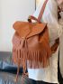 Fringe & Buckle Decor Flap Backpack Solid Color