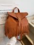 Fringe & Buckle Decor Flap Backpack Solid Color