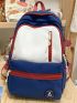 Color Block Functional Backpack Preppy Letter Patch Decor Release Buckle