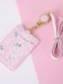 Pu Card Holder With Lanyard Floral Print Letter Detail Zipper