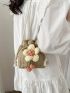 Mini Flower Decor Drawstring Design Straw Bag Fashionable For Vacation