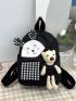 Gingham Pattern Classic Backpack Cartoon Rabbit & Bear Decor Preppy