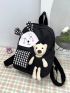 Gingham Pattern Classic Backpack Cartoon Rabbit & Bear Decor Preppy