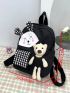 Gingham Pattern Classic Backpack Cartoon Rabbit & Bear Decor Preppy