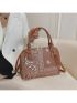 Geometric Pattern Top Handle Bag Brown Fashionable With Zipper