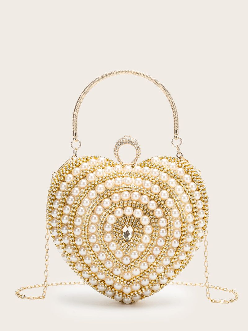 Mini Faux Pearl & Rhinestone Decor Heart Shaped Bag