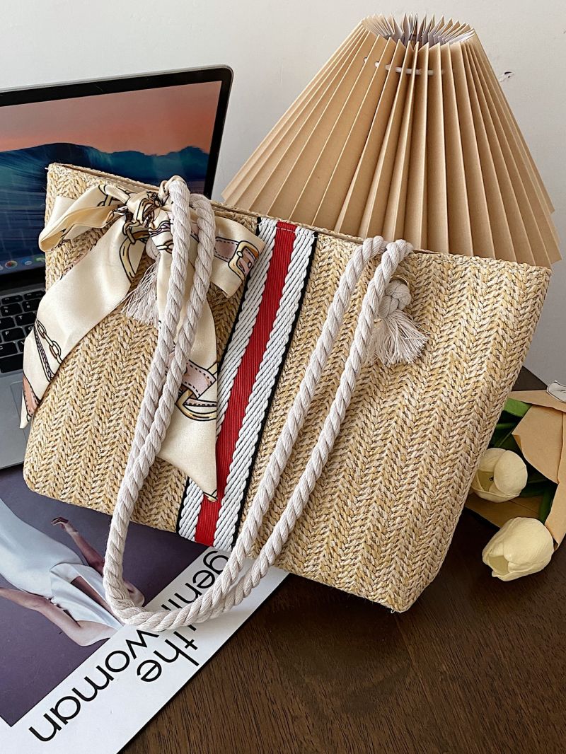 Scarf Decor Striped Pattern Straw Bag