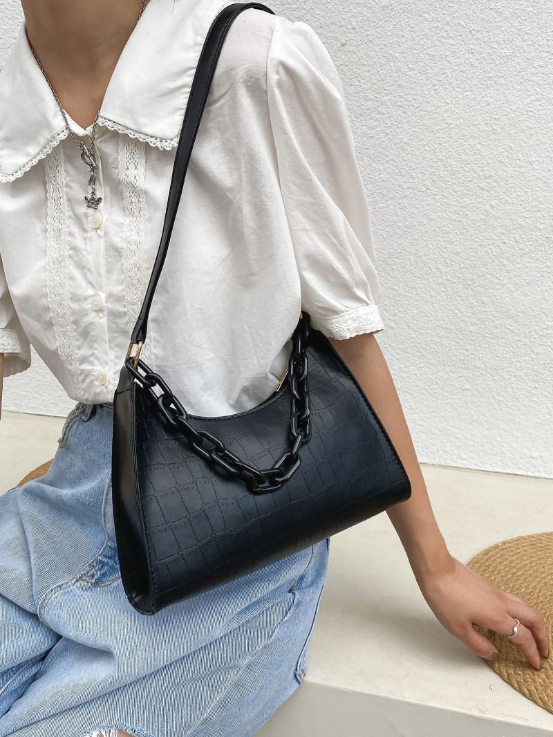 Minimalist Chain Decor Croc Embossed Baguette Bag