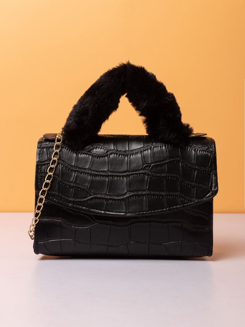 Mini Fuzzy Croc Embossed Flap Square Bag
