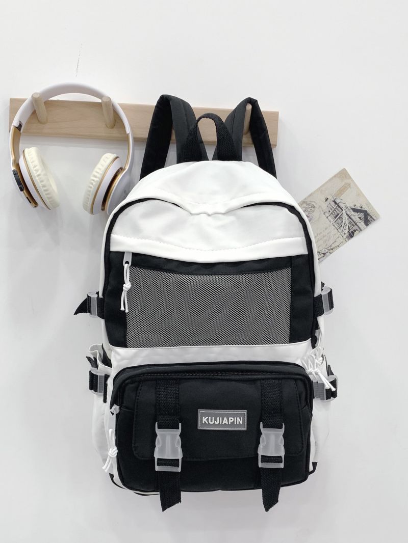 Two Tone Buckle Decor Functional Backpack