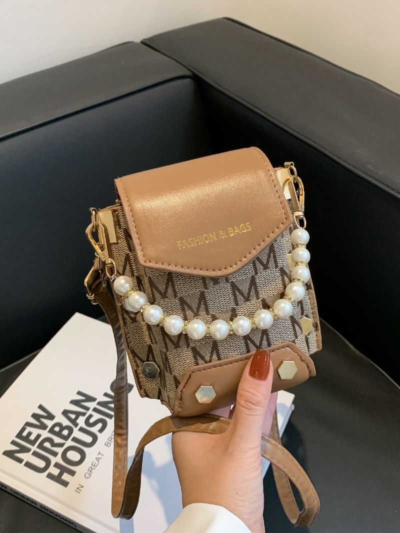 Mini Letter Graphic Faux Pearl Decor Satchel Bag