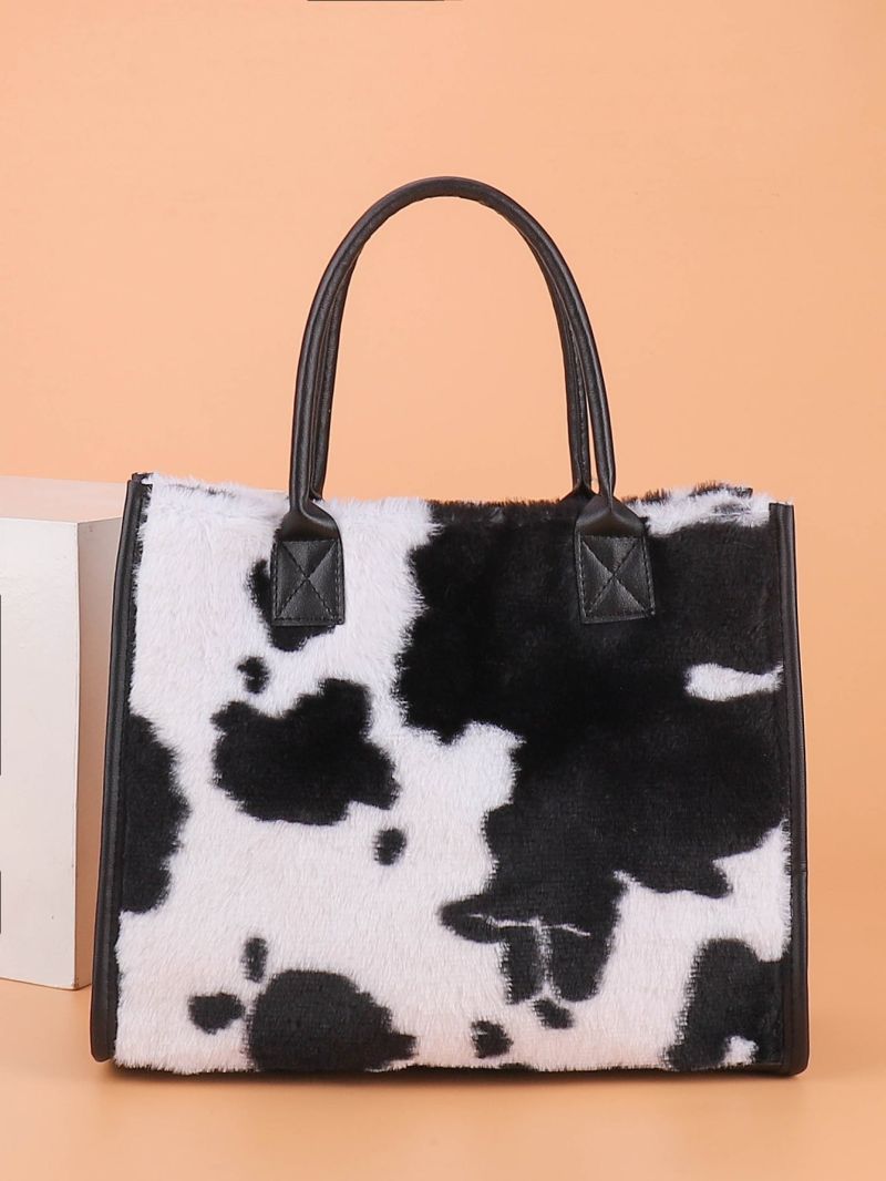 Cow Print Fluffy Top Handle Bag