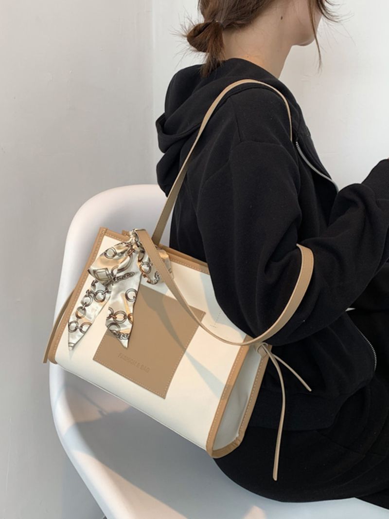 Contrast Binding Twilly Scarf Decor Shoulder Tote Bag