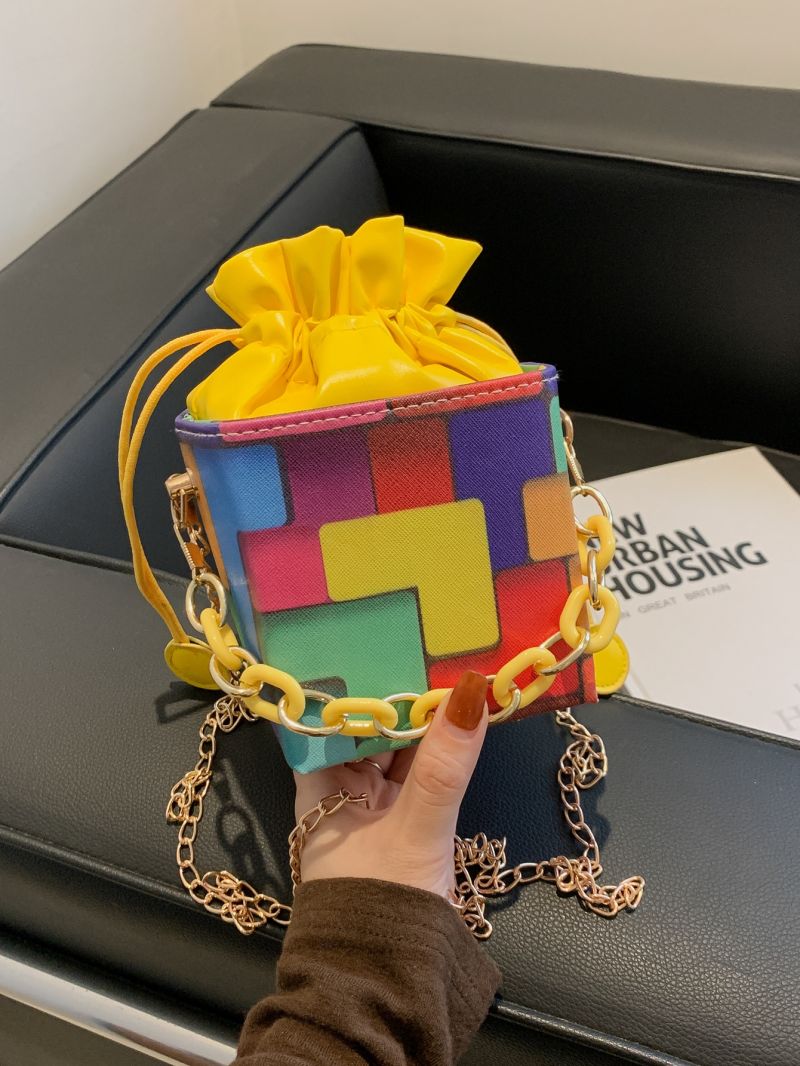 Mini Houndstooth Graphic Drawstring Chain Satchel Bag