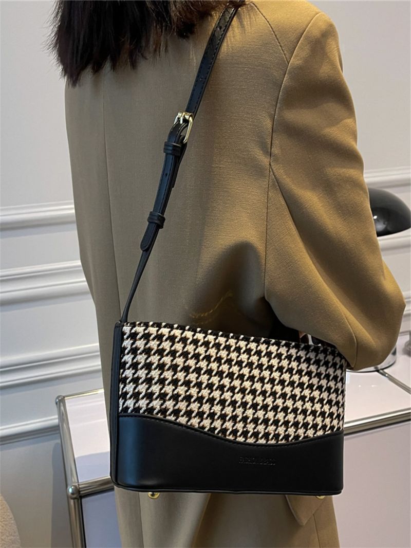 Colorblock Houndstooth Pattern Baguette Bag